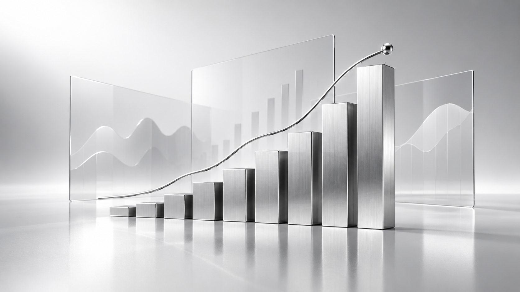 Conceptual data chart with silver columns and a rising line